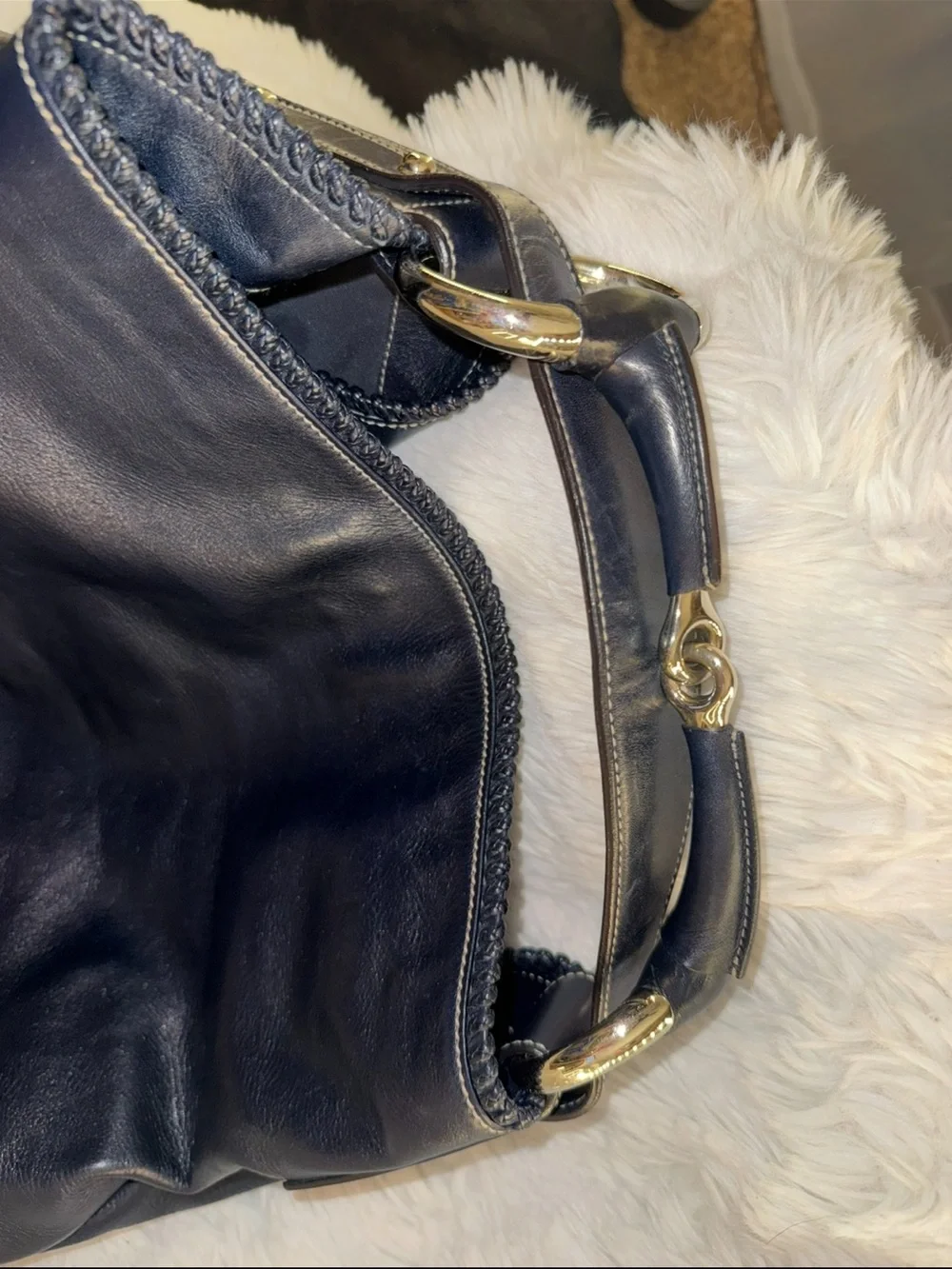 Gucci Navy Blue Horsebit Hobo Women’s Leather Hobo Bag with Gold Tone Hardware